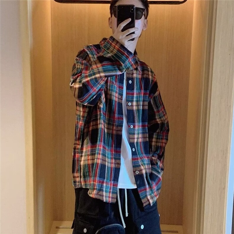C261-P37格子衬衫男长袖春秋季新款潮牌宽松大码衬衣潮高级,男装衬衫,电商B323A