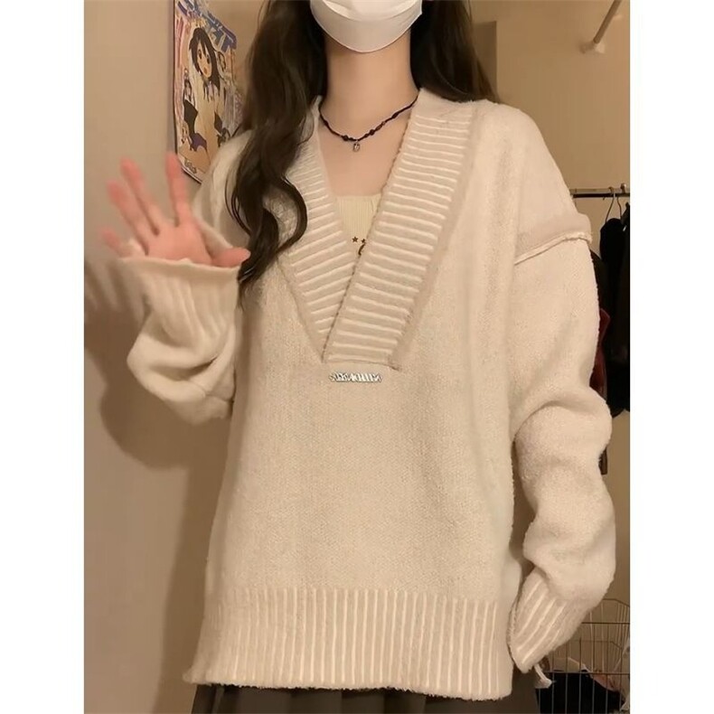 M28-P49秋冬新款慵懒风v领毛衣针织衫两件套百褶裙小个子奶系,男装针织衫/毛衣,电商B323A