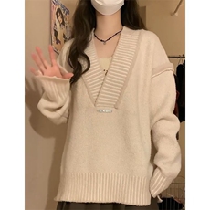 M28-P49秋冬新款慵懒风v领毛衣针织衫两件套百褶裙小个子奶系，男装针织衫/毛衣，电商B323A