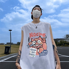 港风23新款夏季领口磨破做旧水洗t无袖宽松短袖T恤DT65001P25控38，男装T恤，电商A268A