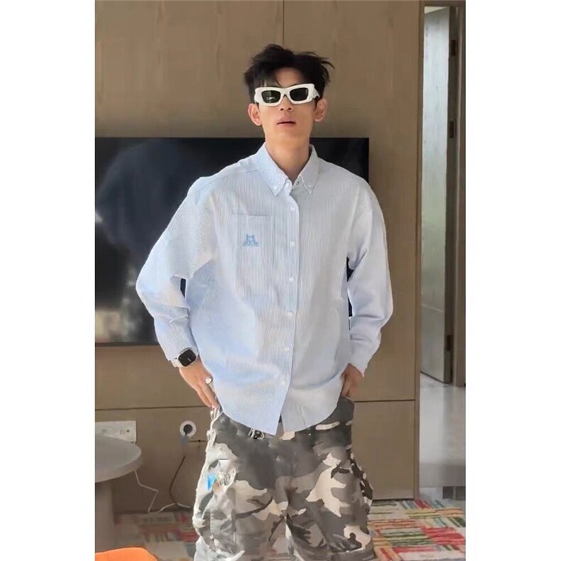美式条纹长袖衬衫男女春秋季潮牌情侣休闲衬衣外套CS37-P39图片
