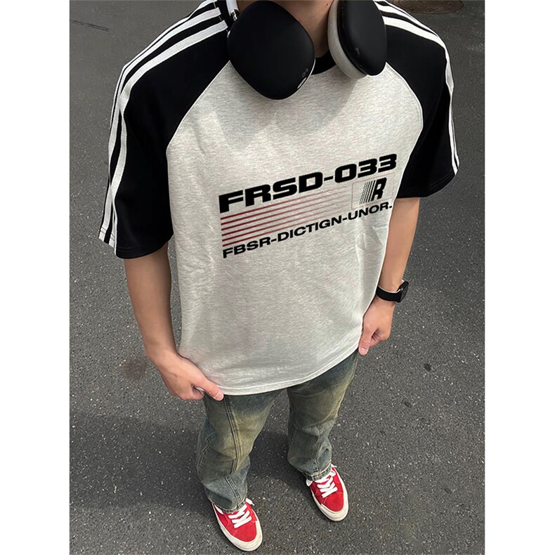 抖音得物品质二开240克宽松纯棉美式潮牌插肩三杠织带短袖T恤，男装T恤，电商A486