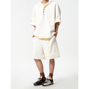 8XL-M 高品质莫代尔空气层套装连帽短袖男上衣五分裤两件套TZ110图片