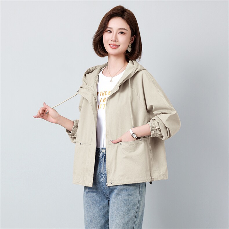 2026春新款纯棉风衣外套长袖连帽日韩休闲纯色宽松休闲百搭,女装风衣,秋牧寒烟