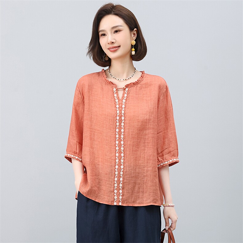 苎麻衬衫女2025夏季新款宽松显瘦洋气减龄时尚妈妈装爆款短袖上衣,女装衬衫,独衣靓
