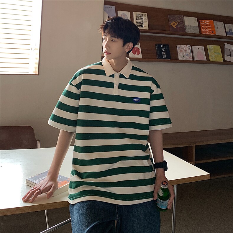 美式港风条纹短袖polo衫男大码翻领短袖T恤DP8761P40控59图片
