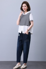 时尚休闲条纹连帽刺绣套装女宽松显瘦百搭两件套，女装套装/套裙，叶笙衣