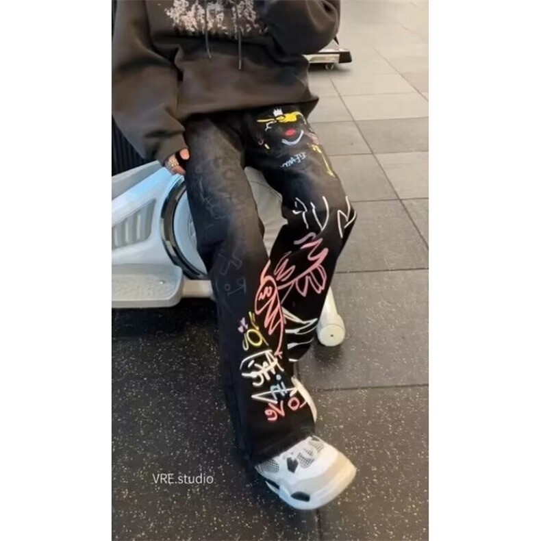 手绘涂鸦弯刀牛仔裤男痞帅炸街裤子美式高街修身微喇裤NA462,男装牛仔裤,星座1116A（原606A-3）