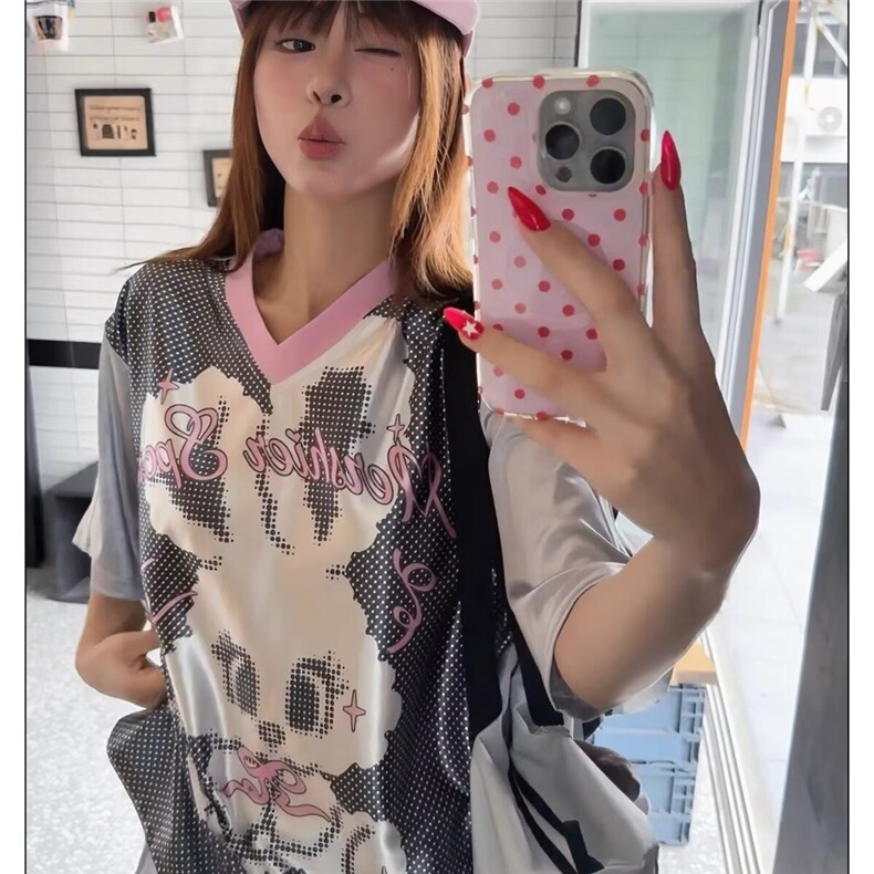 2025美式T恤女夏季新款休闲像素印花短袖时尚潮流熊猫圆领上衣潮,男装T恤,星座506A
