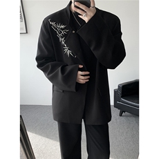 新中式刺绣西服外套大码风立领金属扣垫肩夹克中山装LX001特P85，男装夹克，电商B215