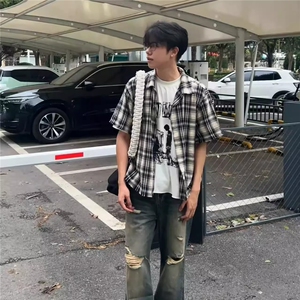 美式复古撞色毛边格子防晒短袖衬衫宽松休闲薄款衬衣CSY36,娃娃领上衣衬衣搭配半身裙图片