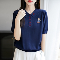 POLO领刺绣花朵小熊半开扣短袖，女装T恤，暖烁羊绒