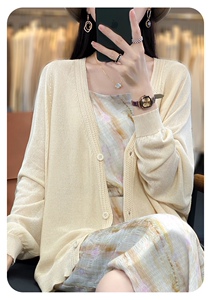 v领针织开衫外套女新款冰丝亚麻长袖洋气减龄外搭微透薄款防晒衫图片