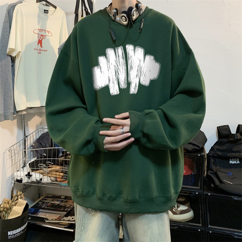 涂鸦印花圆领卫衣男春秋美式复古青少年情侣潮牌宽松无帽长袖t恤，男装卫衣，电商B371