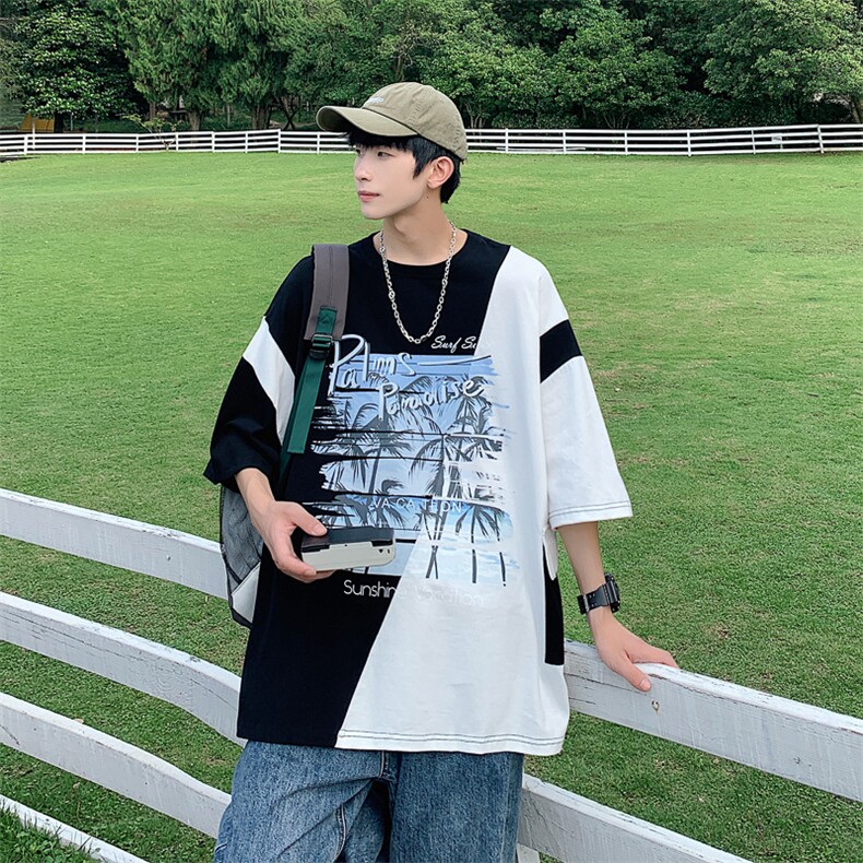 数据！设计感拼接撞色短T恤夏季宽松休闲男上衣XT228-P45控68,男装T恤,电商B370