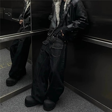 美式复古反口袋弯刀廓形牛仔裤男秋冬拼接宽松直筒长裤子潮XN012，男装牛仔裤，星座208-5