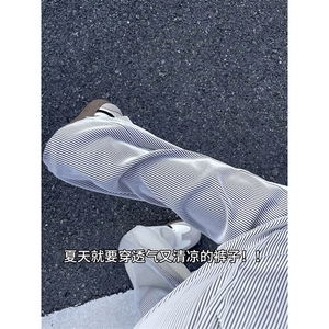 XK458-P30竖条纹冰丝薄款男显瘦直筒长裤休闲宽松垂感阔腿卫裤图片
