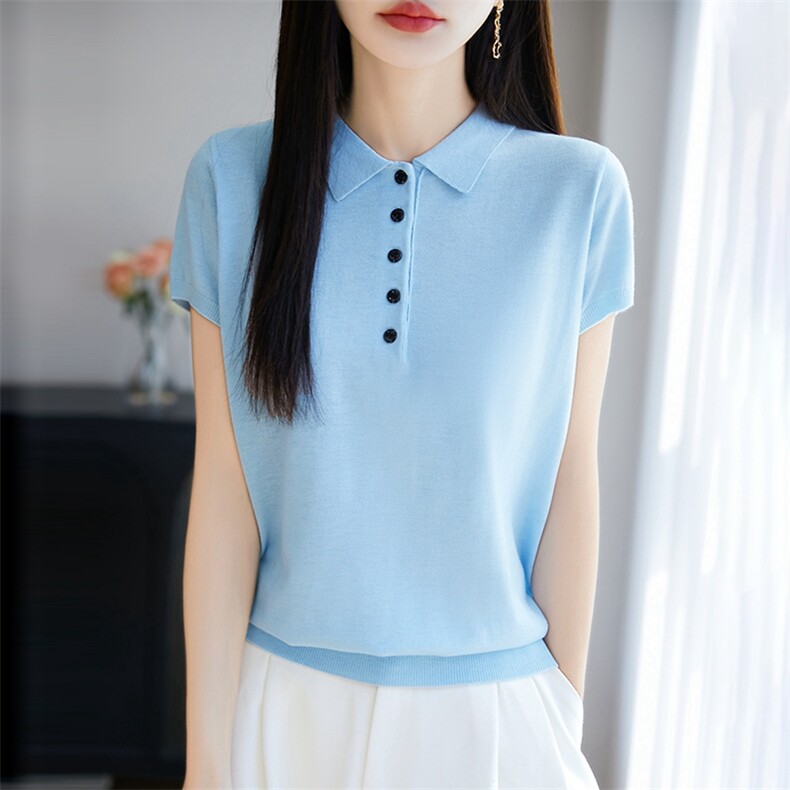 冰丝针织POLO领短袖T恤女2025夏轻薄凉感气质翻领正肩上衣t恤小衫,女装T恤,暖烁羊绒