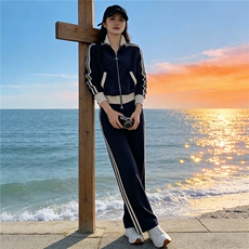 休闲运动套装女装春季新款蓝色短款外套上衣阔腿裤两件套洋气减龄，女装套装/套裙，江南