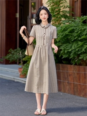 学院风格纹连衣裙女春夏收腰显瘦中长裙格子裙子，女装连衣裙，水衣源