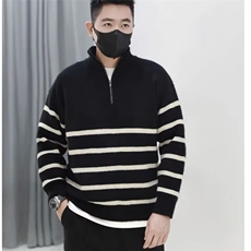 黑白条纹立领半拉链毛衣男秋冬季休闲宽松慵懒风套头针织衫外套，男装针织衫/毛衣，星座813-3