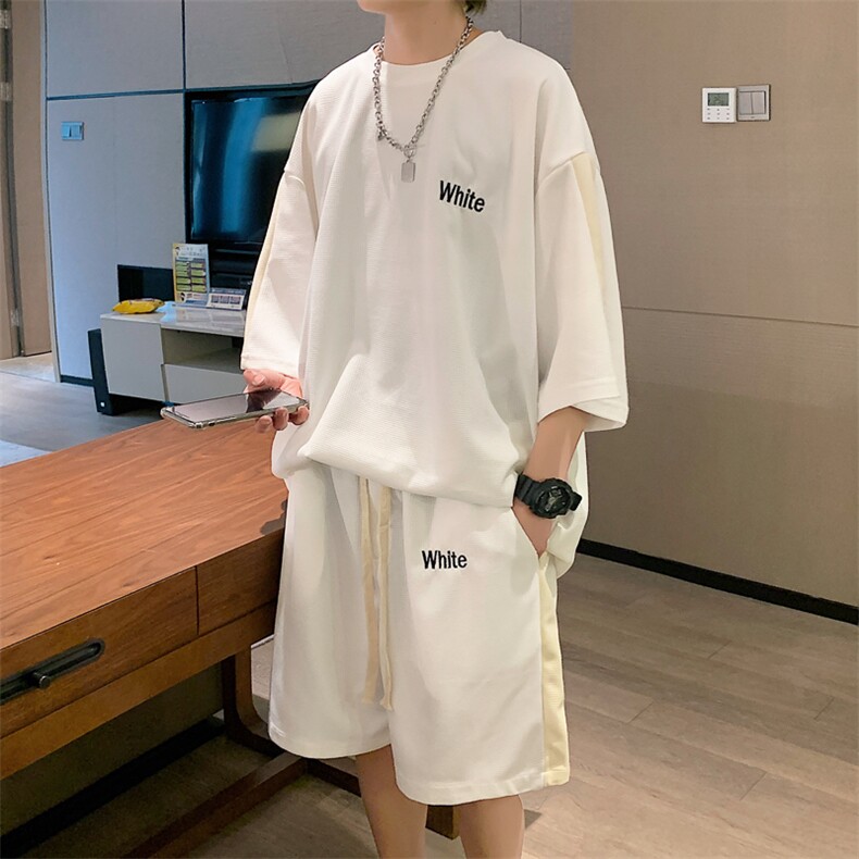 2026夏装华夫格拼接绣花休闲运动套装五分短裤TZ808/P65白，男装休闲套装，电商A094