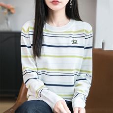 条纹刺绣长袖t恤女秋季2025新款打底衫洋气大码女装冰丝针织上衣，女装羊毛衫，萱芳婷羊绒