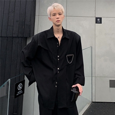小众高级感极简金属扣立领垫肩衬衫廓形痞帅纯色宽松衬衣CS87-P58，男装衬衫，电商C307