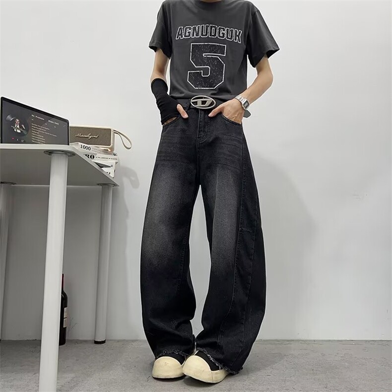 美式复古高街水洗做旧弯刀牛仔裤宽松阔腿拖地长裤潮牌B1622-P55,男装牛仔裤,星座1008