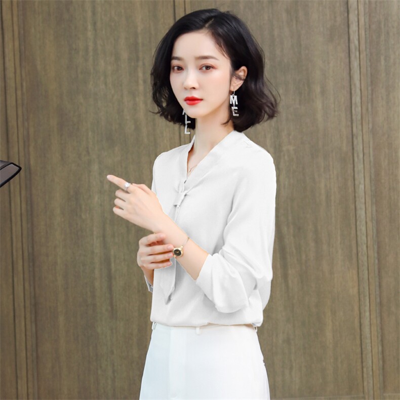 桑蚕丝长袖飘带上衣2023春季新款领带纯色系扣真丝衬衫黄色,女装衬衫,阿舍尔精品