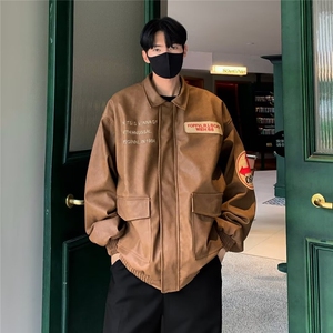 美拉德穿搭复古刺绣皮衣PU皮外套男女同款秋冬季2023宽松 W6703图片