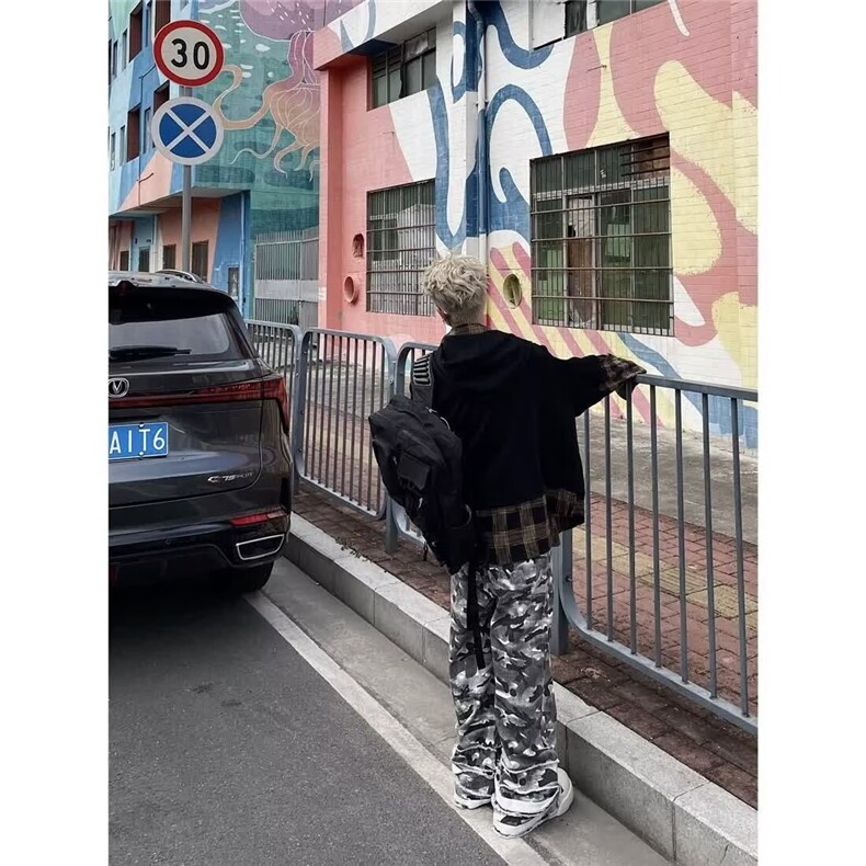 美式潮牌高街迷彩工装休闲裤宽松复古嘻哈风高腰阔腿裤NZX504,男装工装外套,星座516A