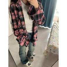 美式复古黑粉格子衬衫2024新款男女情侣潮流宽松休闲衬衣外套，男装衬衫，星座506A