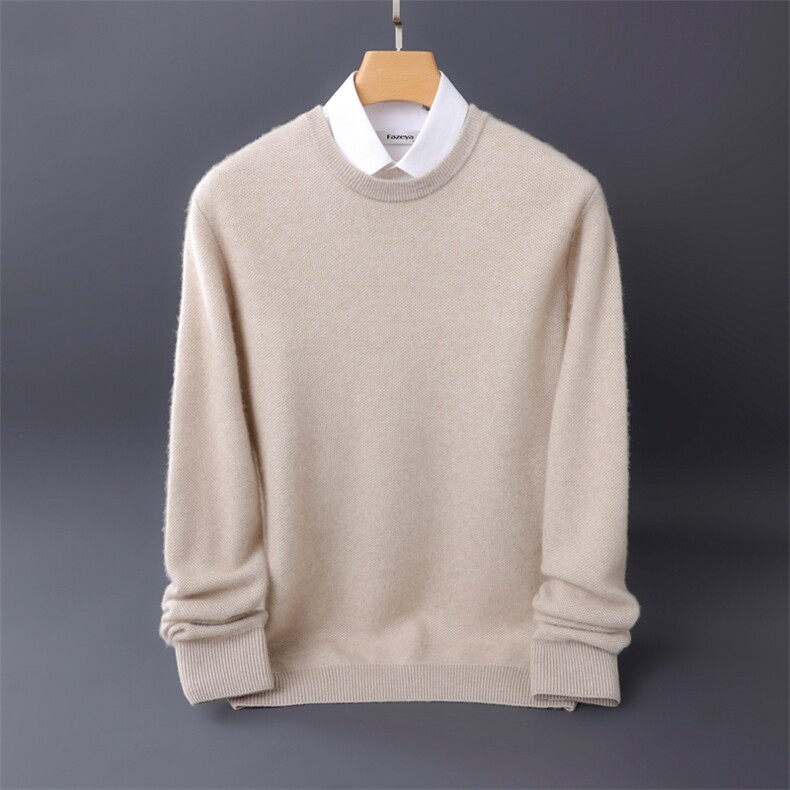 秋冬季新款舒适时尚百搭桂花针圆领男士羊绒衫，男装羊绒套衫，伊绒腾羊绒