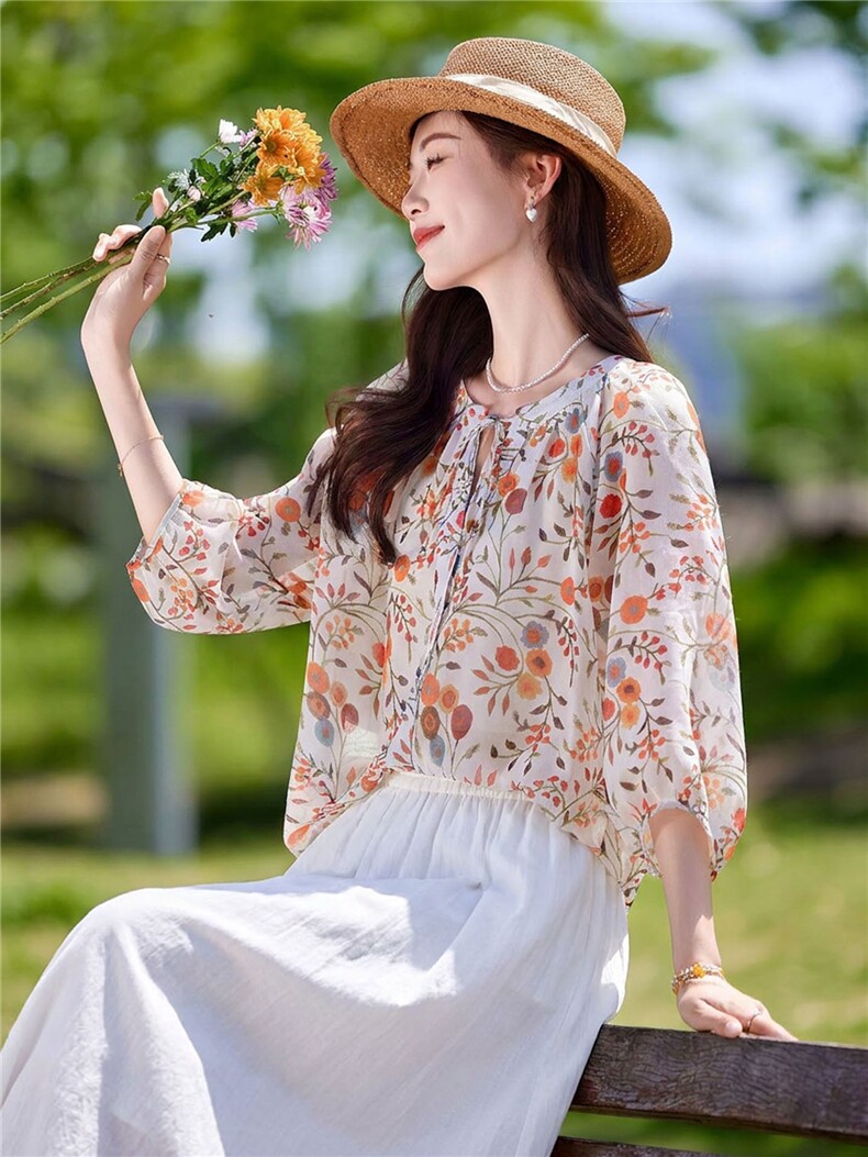 2026年夏季绣花休闲宽松印花上衣半身裙两件套套头轻薄（赠送腰带,女装套装/套裙,靓衣阁
