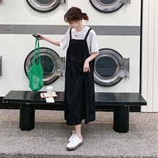 黑色假两件拼接连衣裙女2025夏季新款韩系设计感宽松显瘦T恤长裙，女装连衣裙，2C206