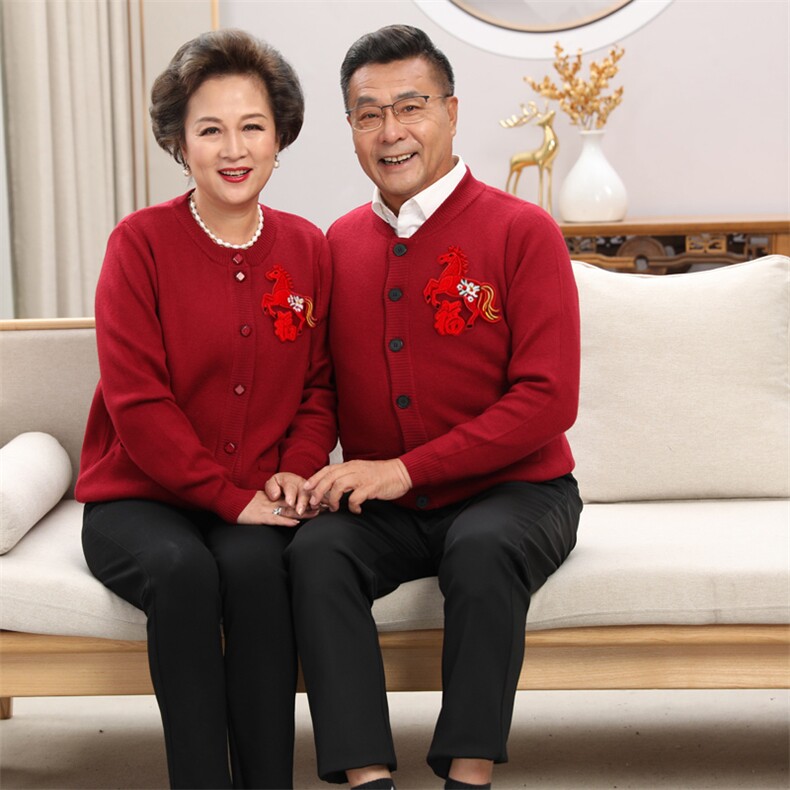 新春马年中老年情侣小马装加绒加厚开衫针织外套喜庆红色,针织衫/毛衣,亚东羊绒制品