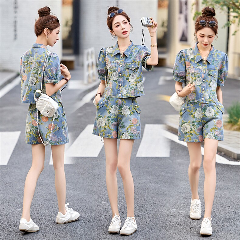 新中式套装女2025夏季新款小个子绝美休闲牛仔短裤一整套穿搭，女装套装/套裙，关键词