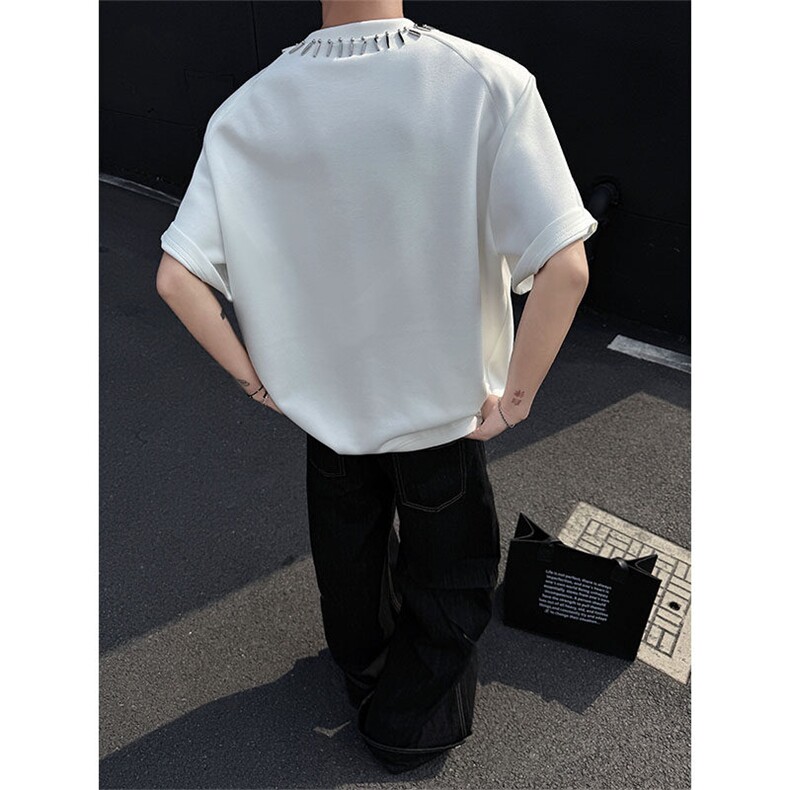 夏季领圈金属装饰短袖T恤男美式高街宽松垫肩体恤T1128P58,男装T恤,星座512-1（原513-3）