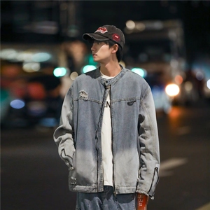 美式潮牌复古渐变水洗牛仔外套男设计感拉链装饰工装夹克H54/P75图片