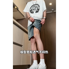 水洗做旧牛仔短裤男夏季美式复古潮牌宽松直筒阔腿五分裤JN9-P35，男装牛仔裤，星座1008-1