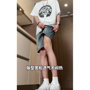 水洗做旧牛仔短裤男夏季美式复古潮牌宽松直筒阔腿五分裤JN9-P35图片