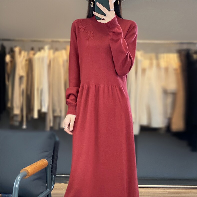 气质时尚简约百搭潮流竹叶中长款打底连衣裙,女装连衣裙,江南羊绒