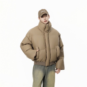 现货5W件冬季三防重磅硬挺boxy短款羽绒立领PU皮棉衣外套加厚棉服图片