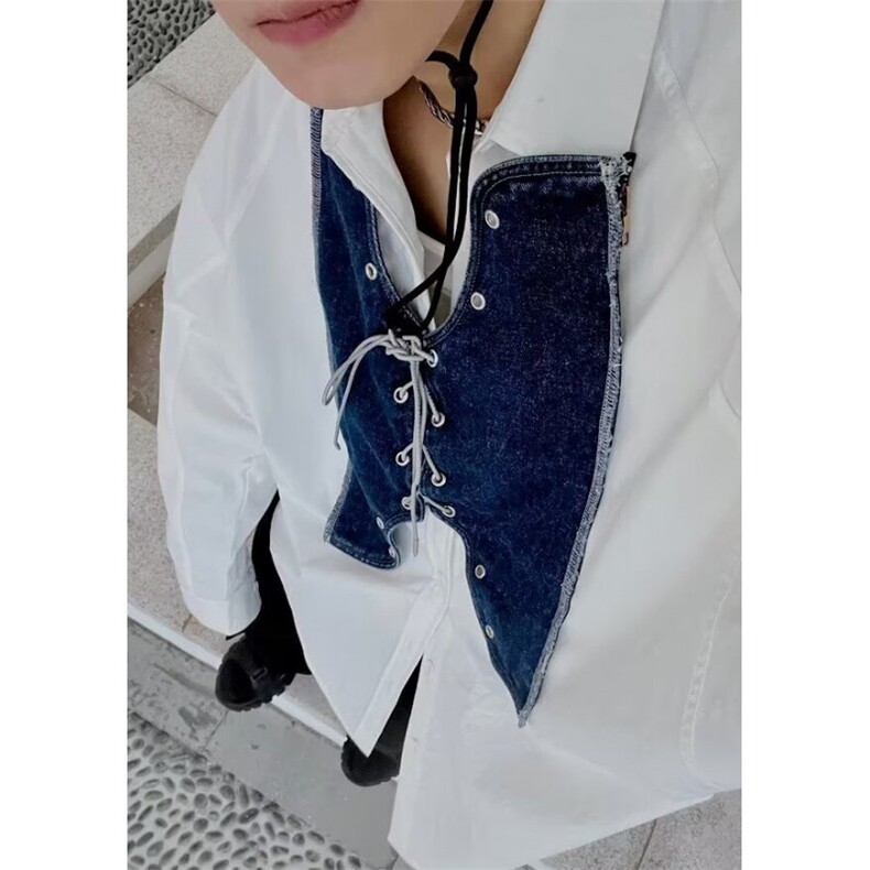 高街牛仔拼接衬衫男生ins港风宽松小众设计休闲百搭衬衣CS333,男装衬衫,星座1116A（原606A-3）