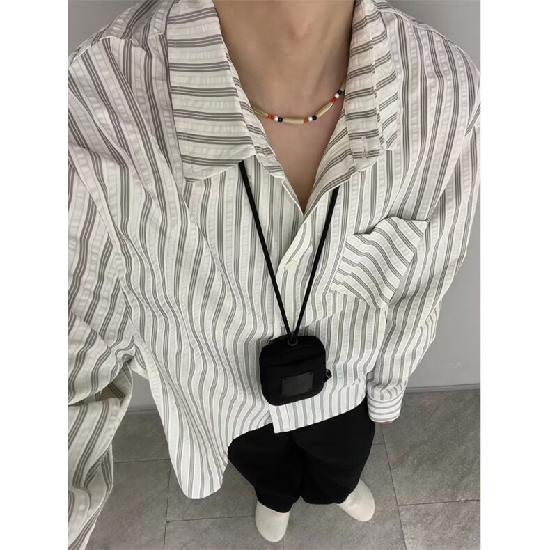 美式潮牌高街复古泡泡纱竖条纹日系肌理长袖衬衫男女休闲宽松衬衣，男装衬衫，电商A443