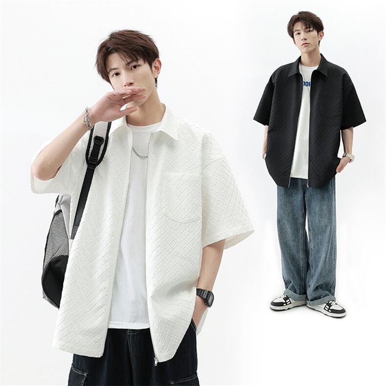 2023肌理压花大码日系短袖衬衫夏季男高级感宽松拉链衬衣C842-P40图片