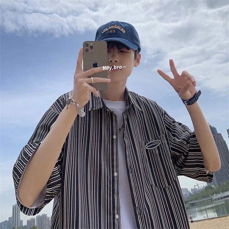 复古冰丝条纹短袖衬衫HC84P30,男装衬衫,星座1116-2