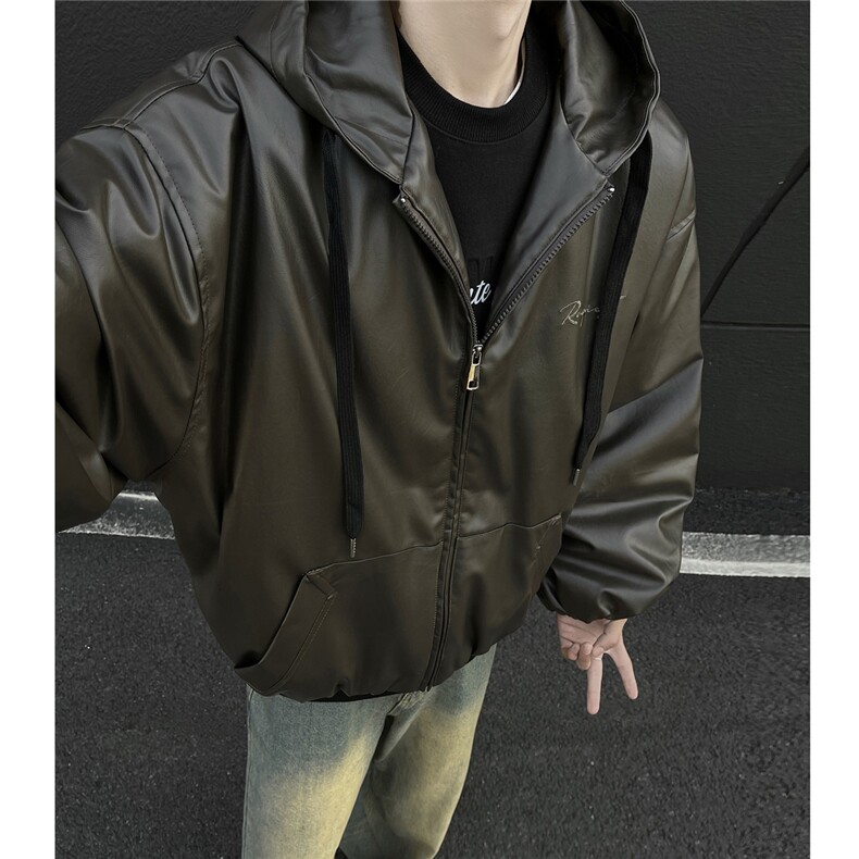 冬装24新款连帽宽松PU皮棉衣大码男装刺绣棉服棉袄外套S371-P138图片