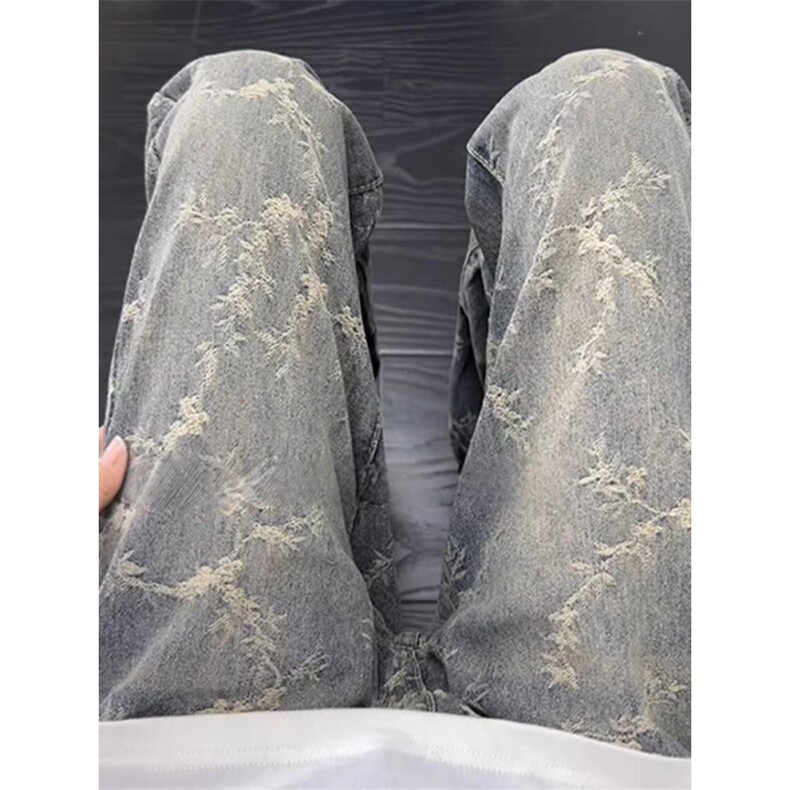复古蓝提花弯刀牛仔裤男款秋冬美式高街vibe裤子显瘦直筒微喇长裤,男装牛仔裤,星座1008